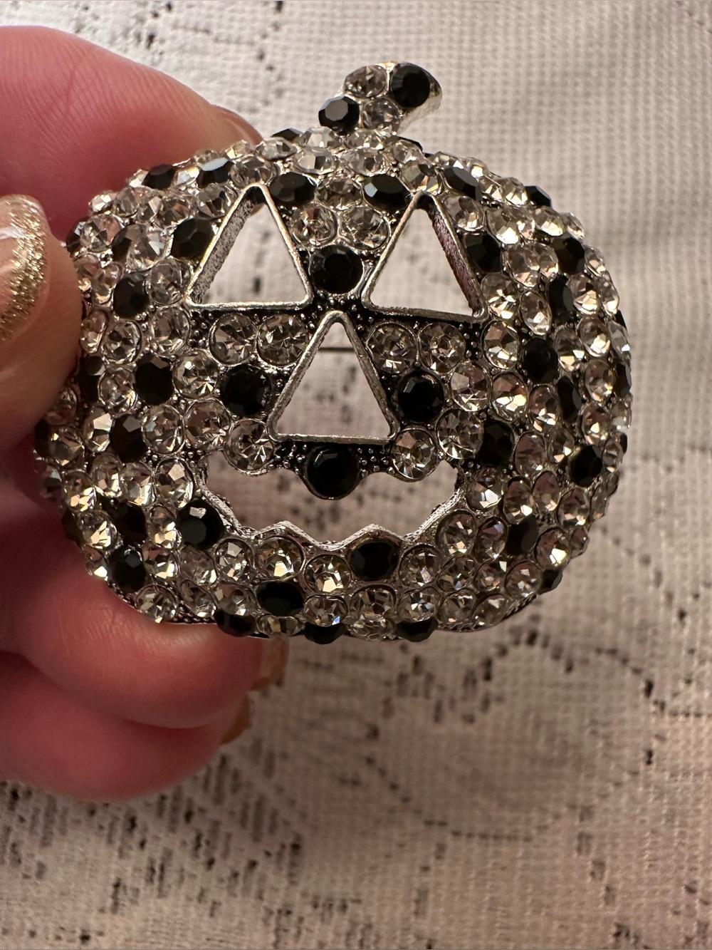Crystal Pumpkin Pin Brooch - Black & Clear Rhinestones